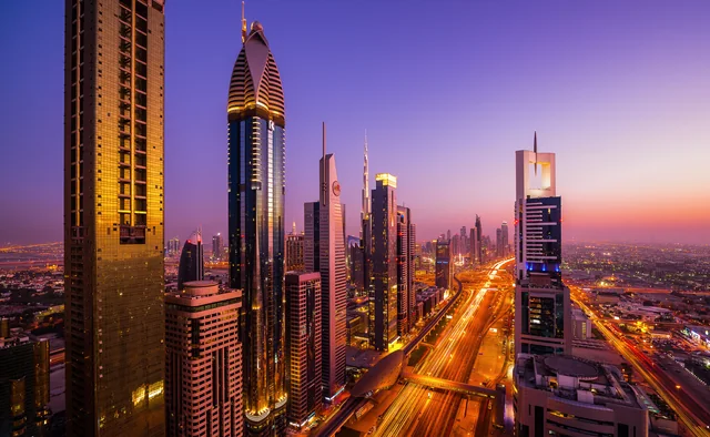 Dubai skyline and Sheikh Zayed Road at dusk